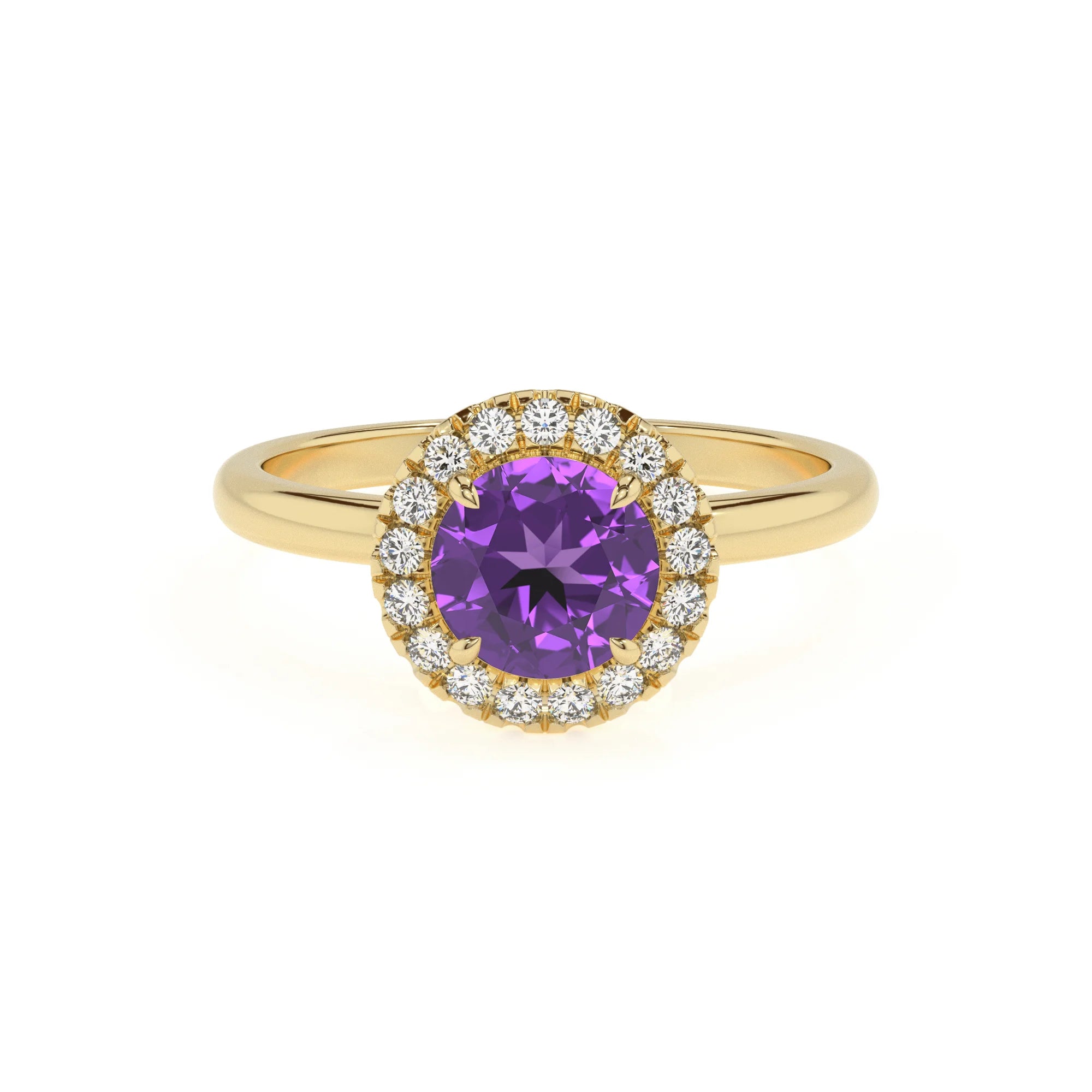 lab grown amethyst round solitaire rings in yellow gold