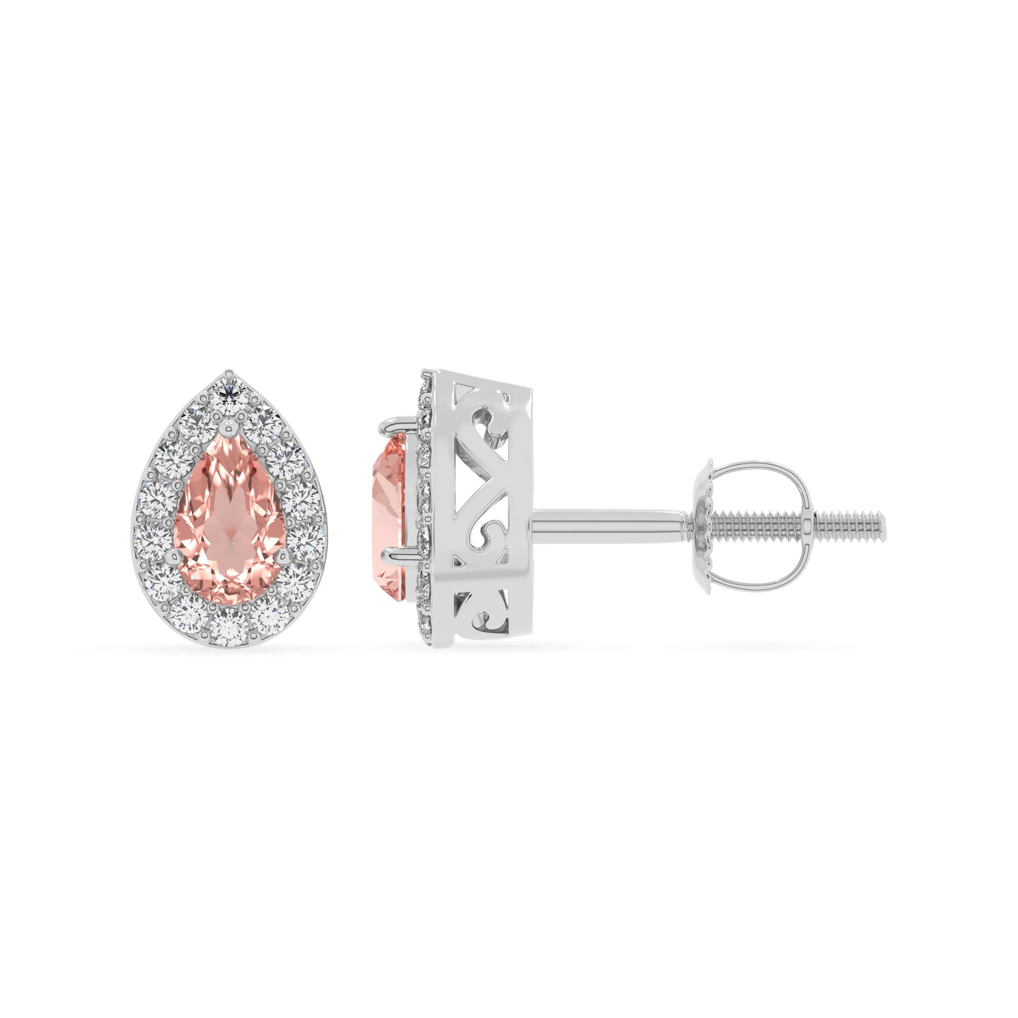lab grown morganite pear stud earrings in white gold