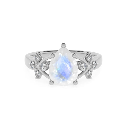 natural rainbow-moonstone pear solitaire rings in sterling silver