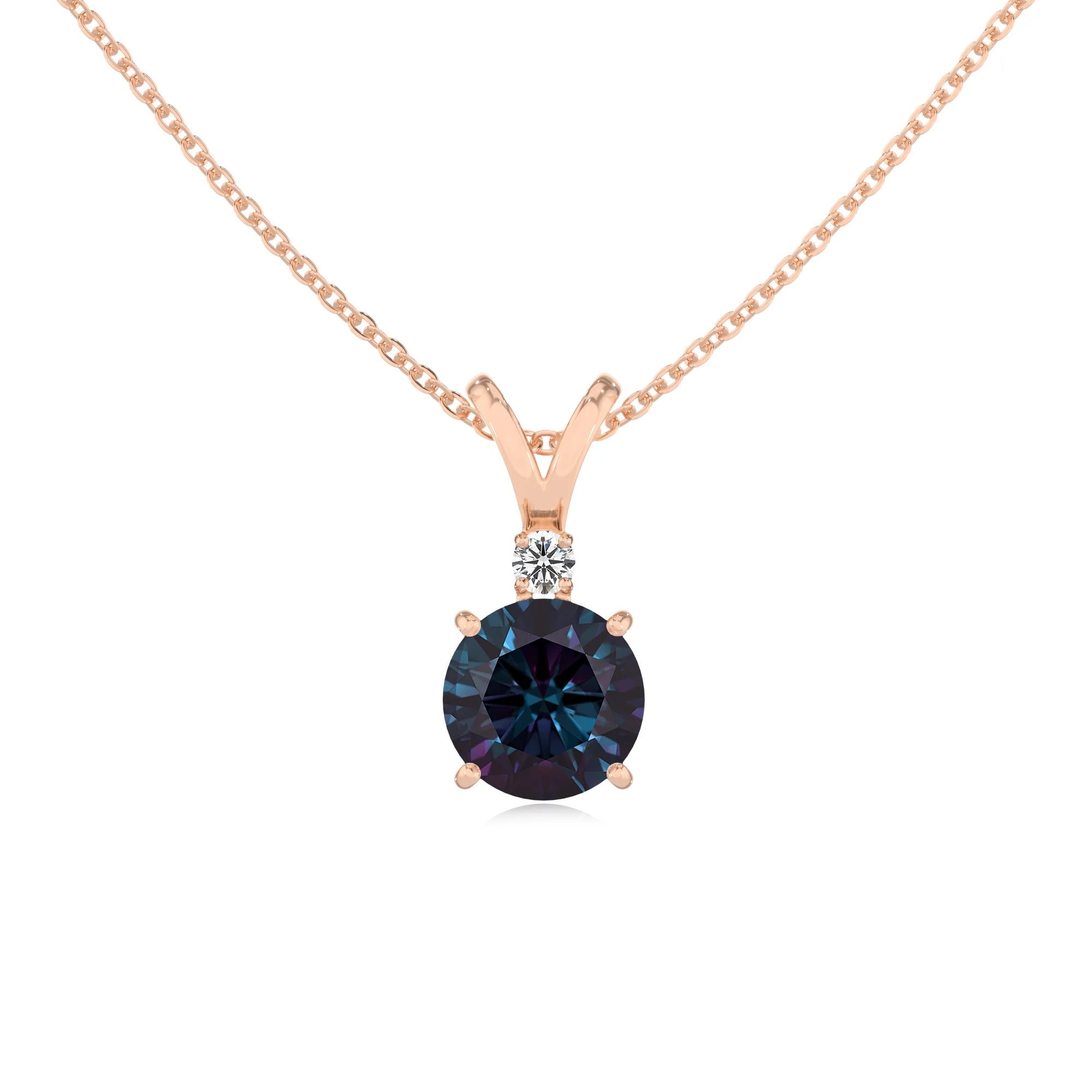 lab grown alexandrite round solitaire v-bale necklaces in rose gold