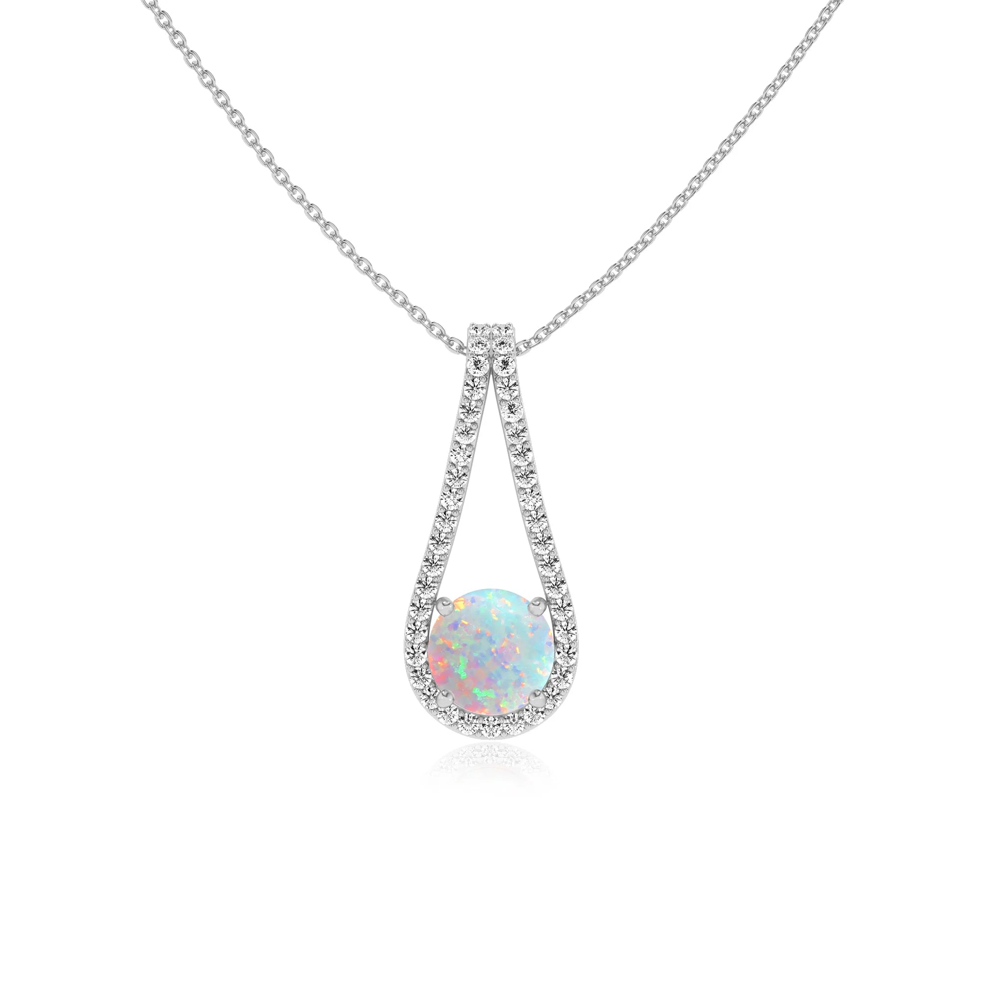 lab grown opal round solitaire v-bale necklaces in white gold