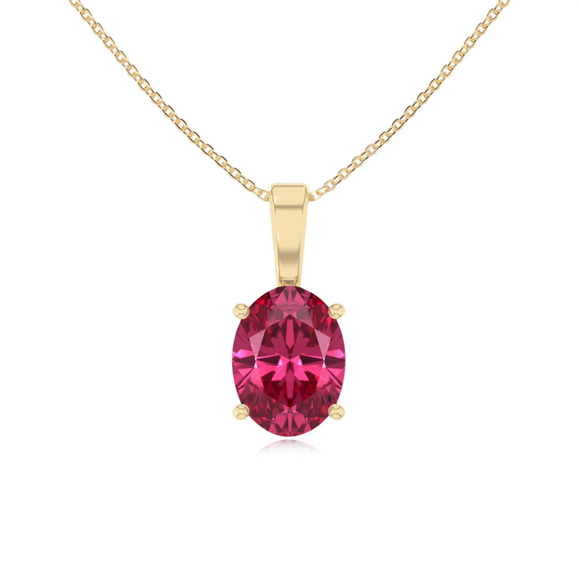 lab grown pink-tourmaline oval solitaire necklaces in yellow gold