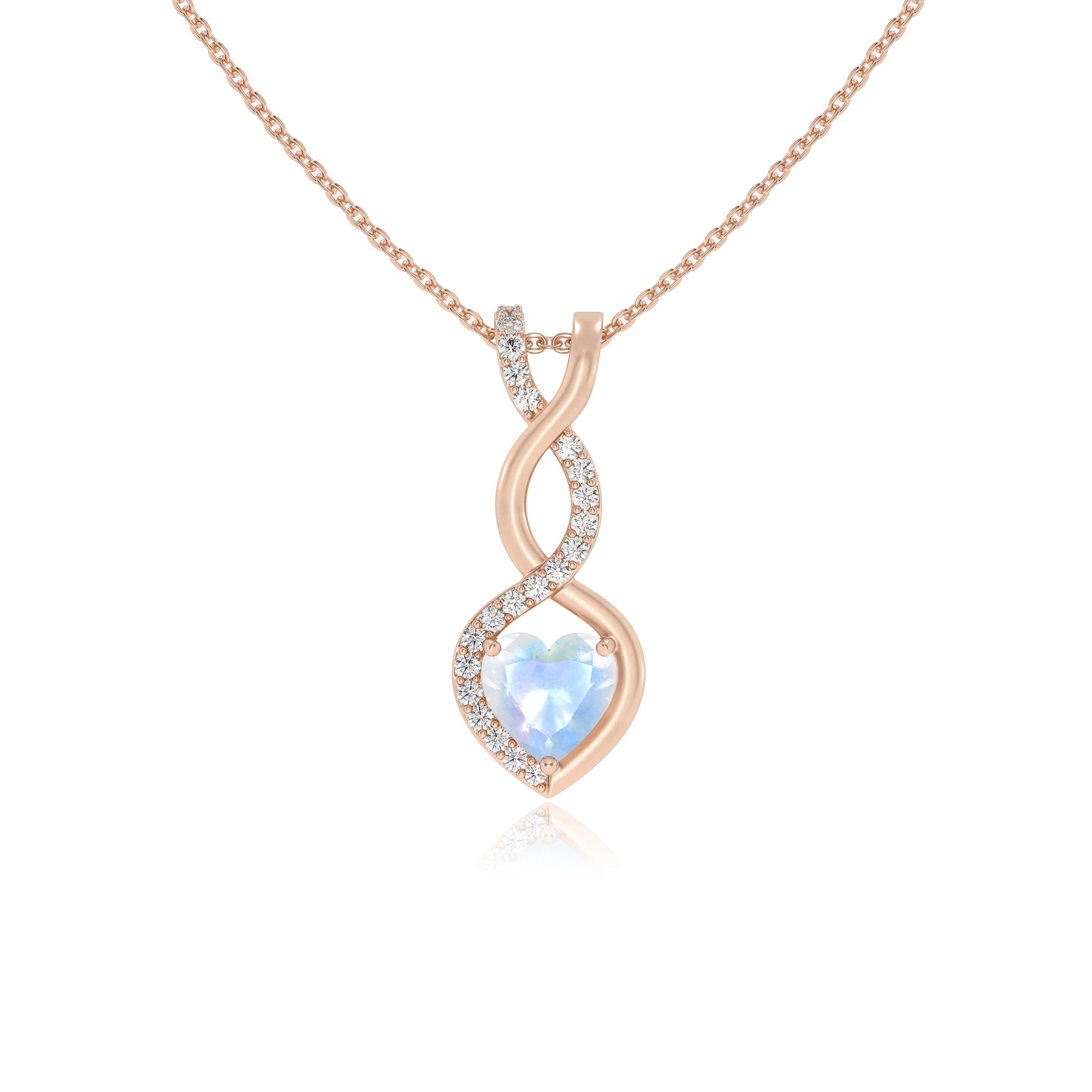 natural rainbow-moonstone heart infinity necklaces in rose gold