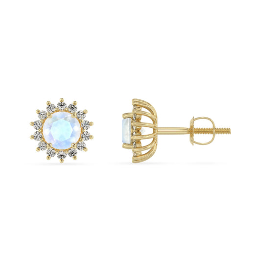 natural rainbow moonstone round stud earrings in yellow gold