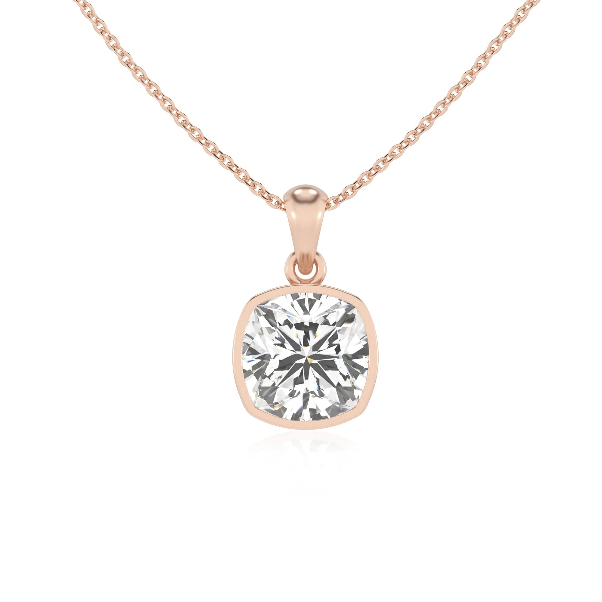 lab grown moissanite cushion solitaire necklaces in rose gold