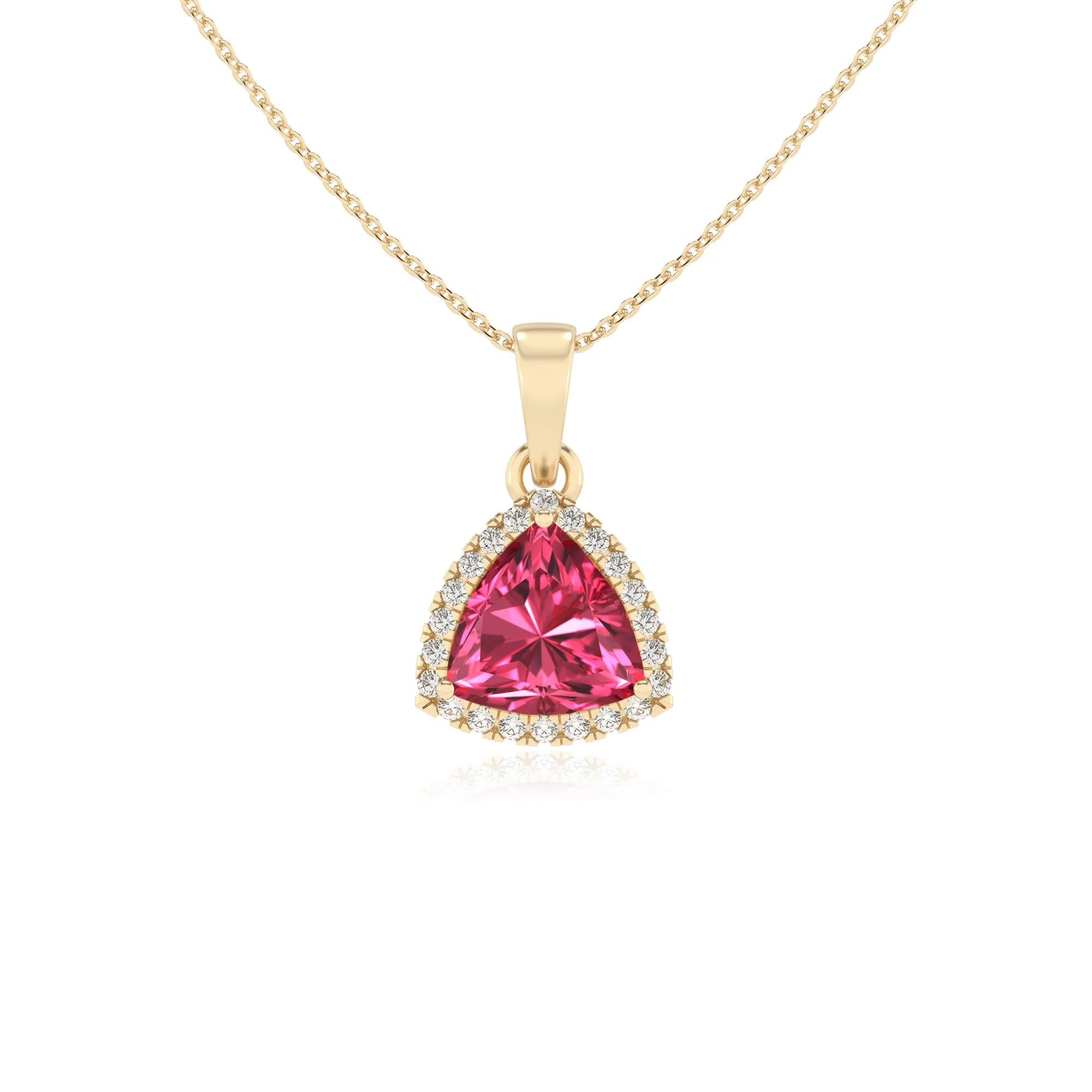 lab grown pink-tourmaline trillion solitaire necklaces in yellow gold