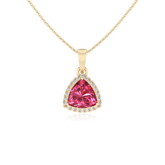 lab grown pink-tourmaline trillion solitaire necklaces in yellow gold