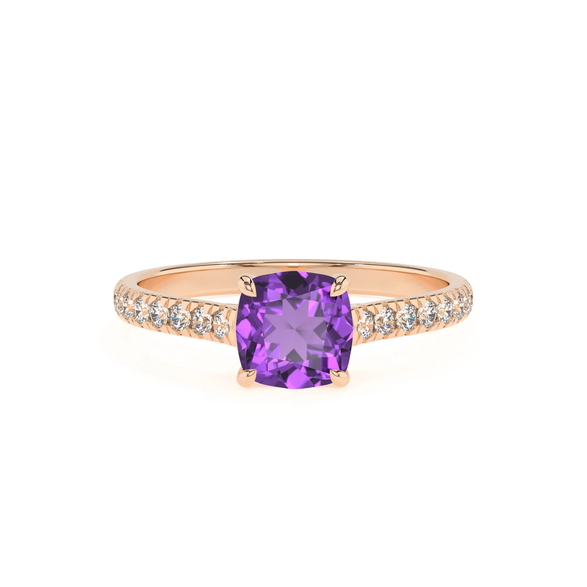 lab grown amethyst cushion half eternity solitaire engagement rings in rose gold