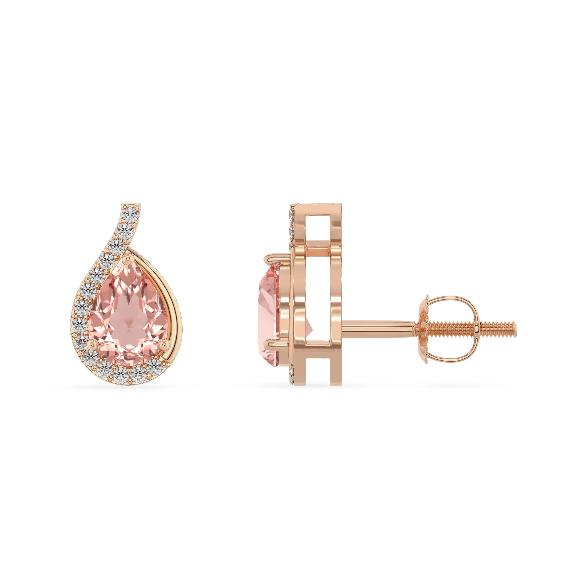 lab grown morganite pear stud earrings in rose gold