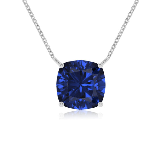 lab grown blue-sapphire cushion solitaire necklaces in white gold