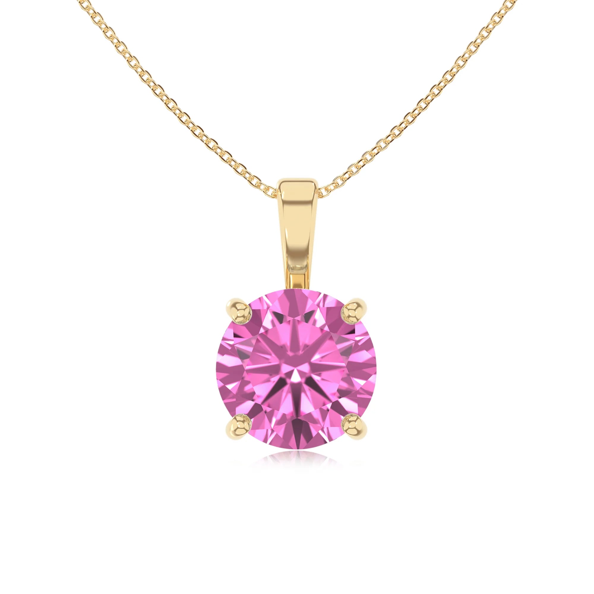lab grown pink-sapphire round solitaire necklaces in yellow gold
