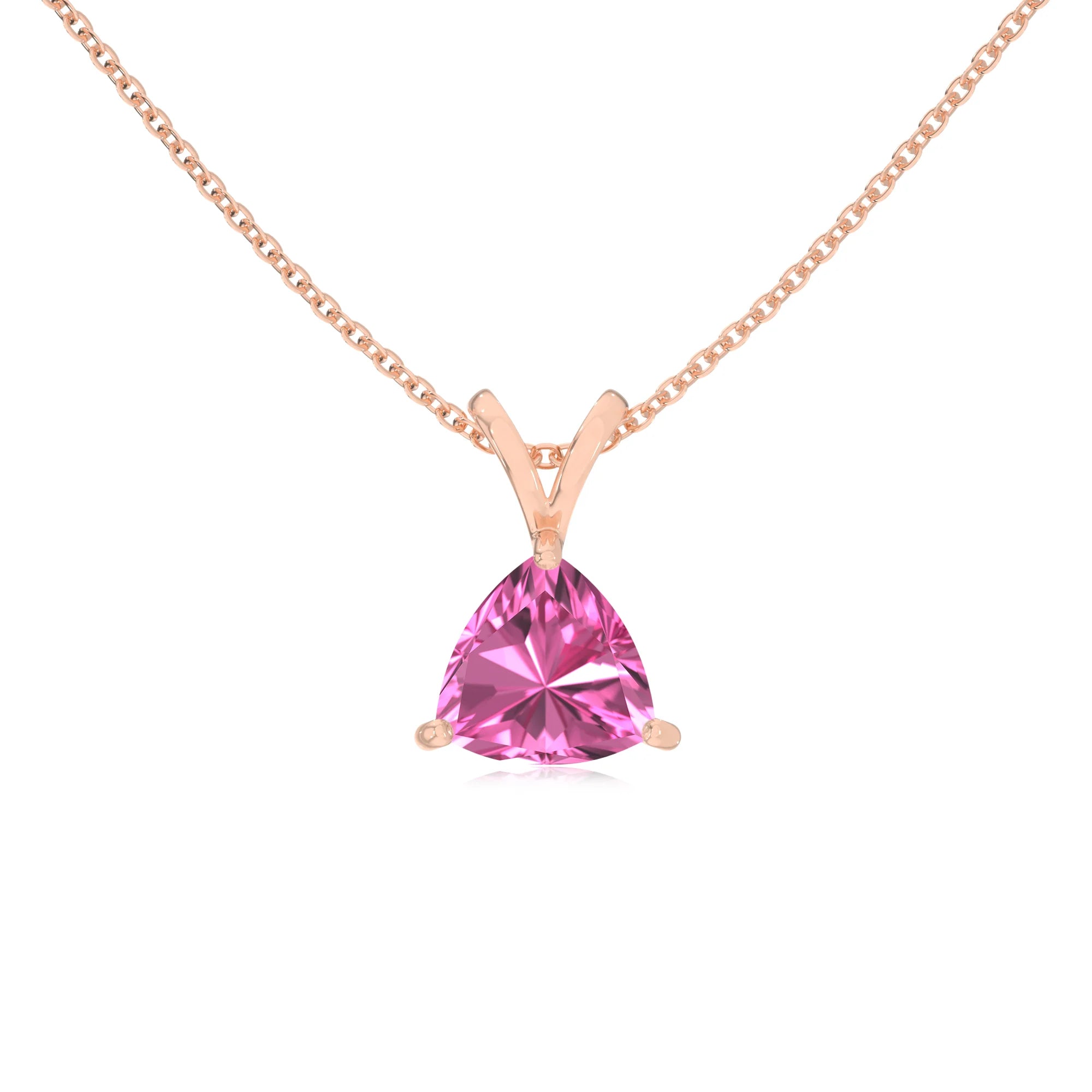 lab grown pink-sapphire trillion solitaire v-bale necklaces in rose gold