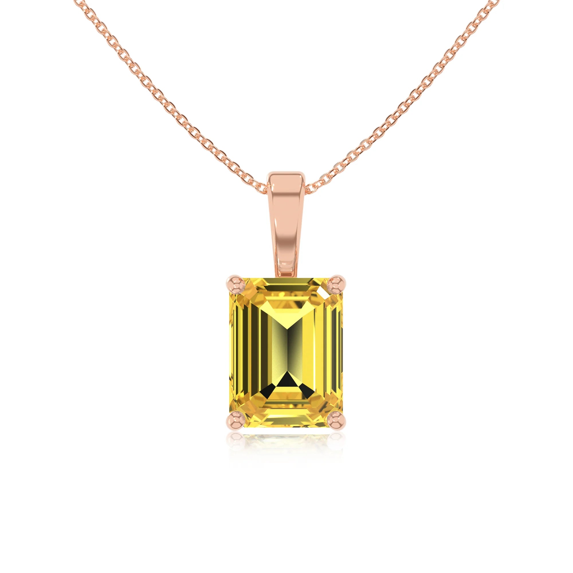 lab grown yellow-sapphire emerald cut solitaire necklaces in rose gold