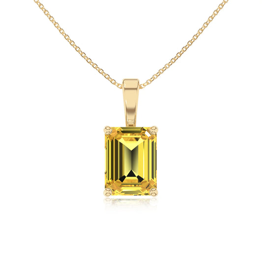 lab grown yellow-sapphire emerald cut solitaire necklaces in yellow gold