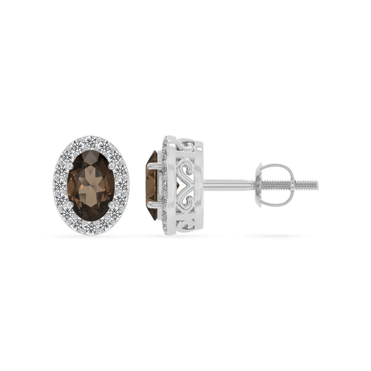 natural smoky quartz oval stud earrings in white gold