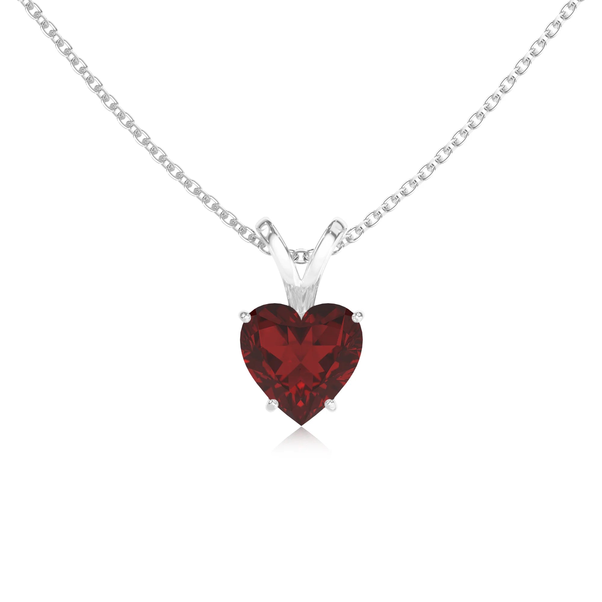 natural garnet heart solitaire v-bale necklaces in white gold