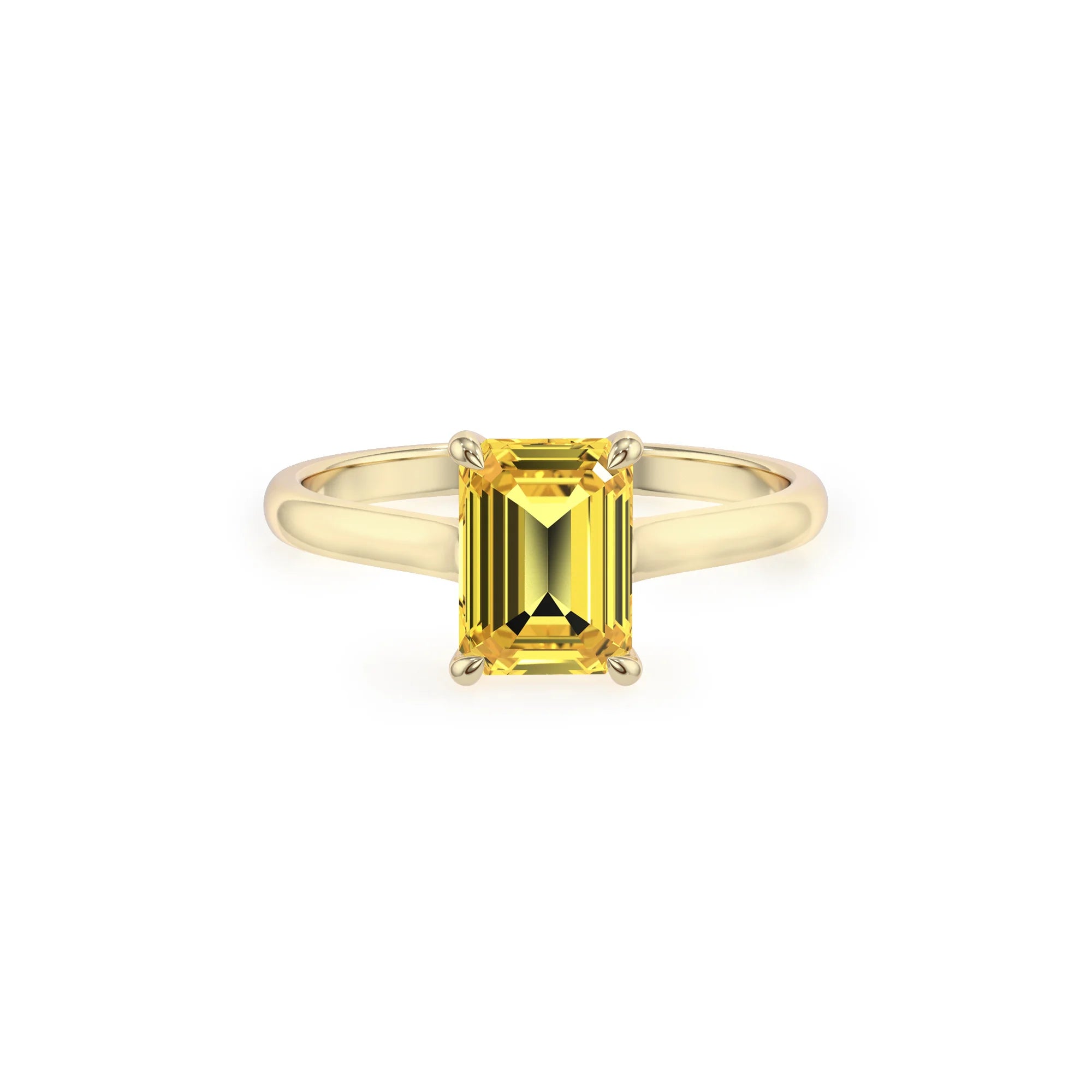 lab grown yellow-sapphire emerald cut solitaire rings in yellow gold