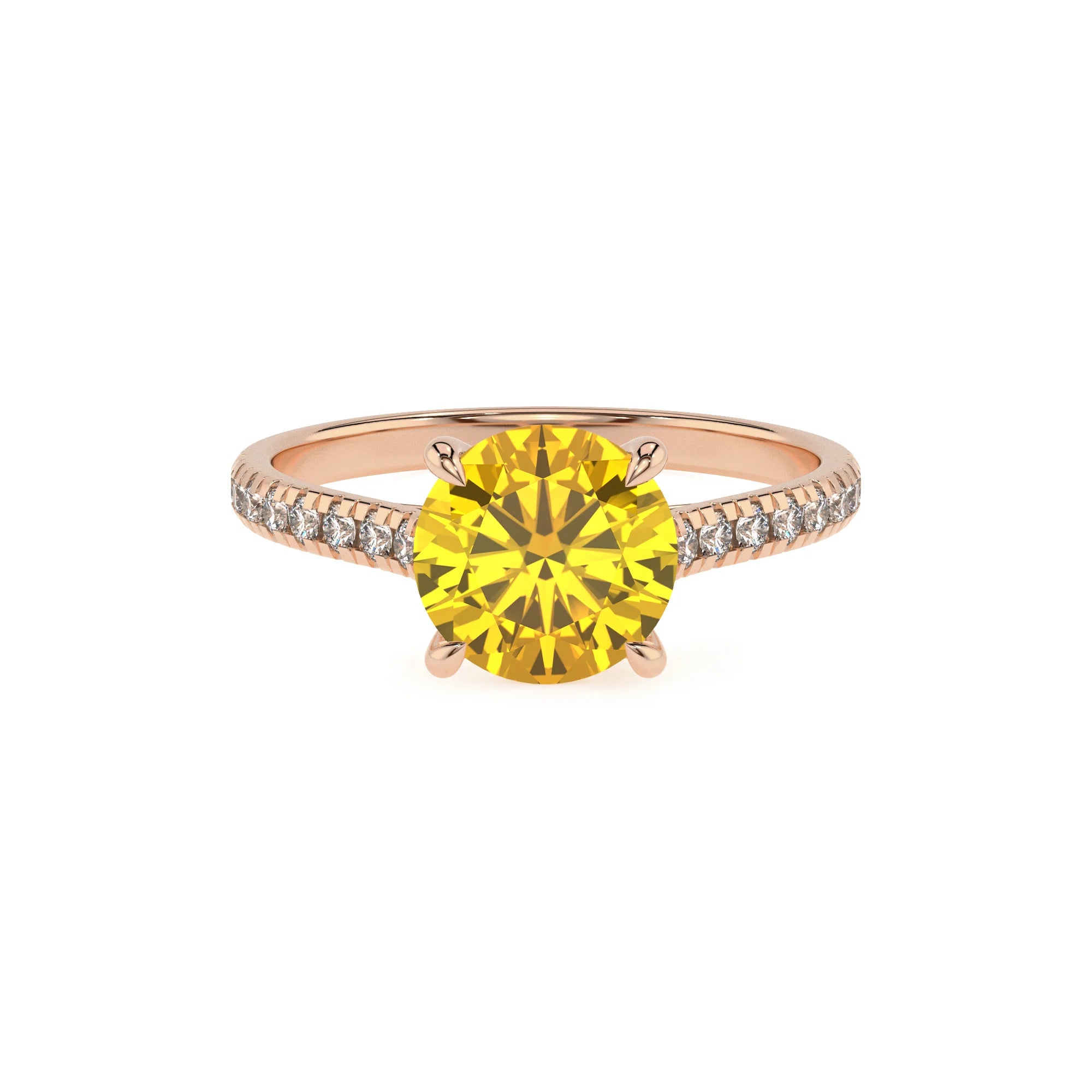 lab grown yellow-sapphire round half eternity solitaire engagement rings in rose gold