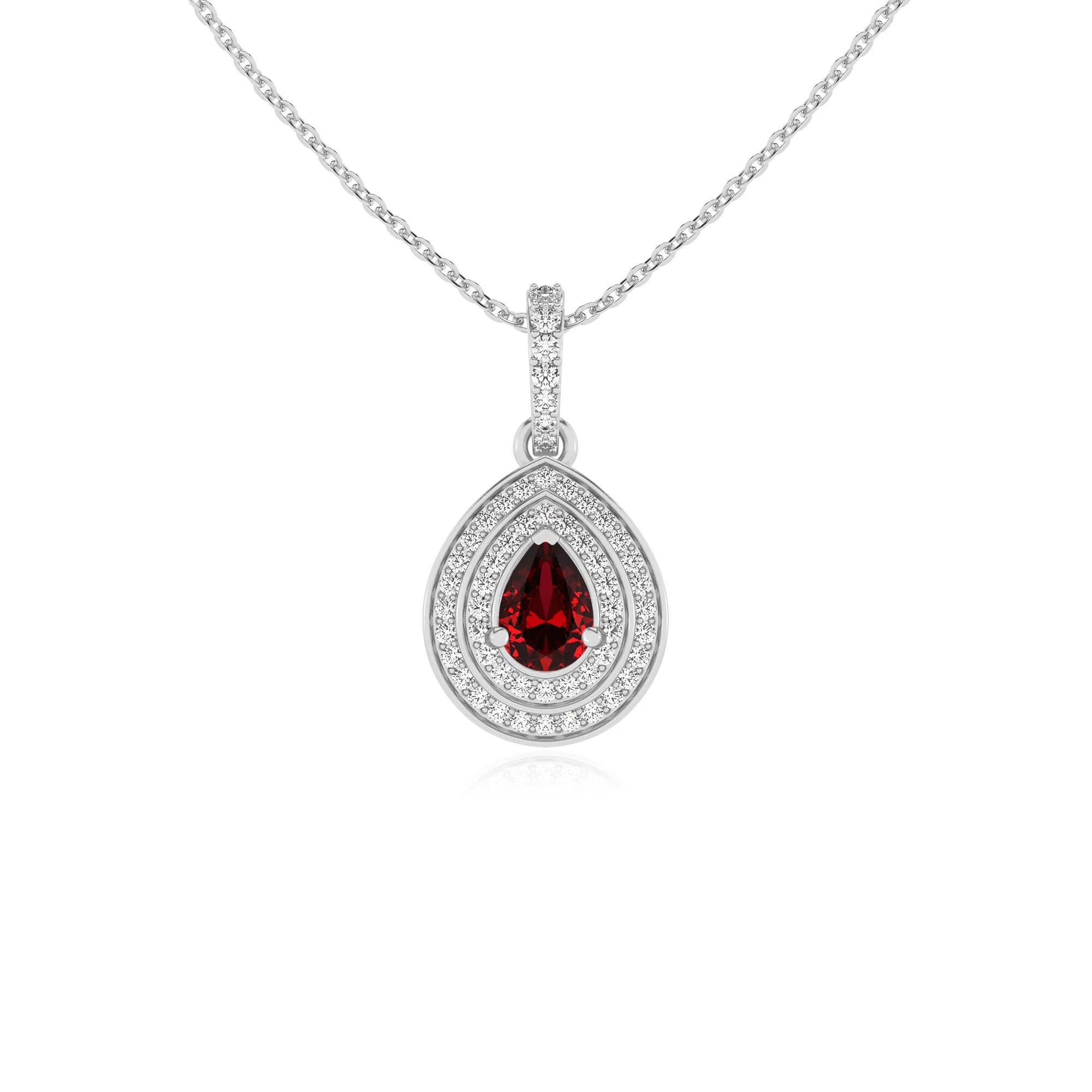 lab grown ruby pear halo necklaces in sterling silver