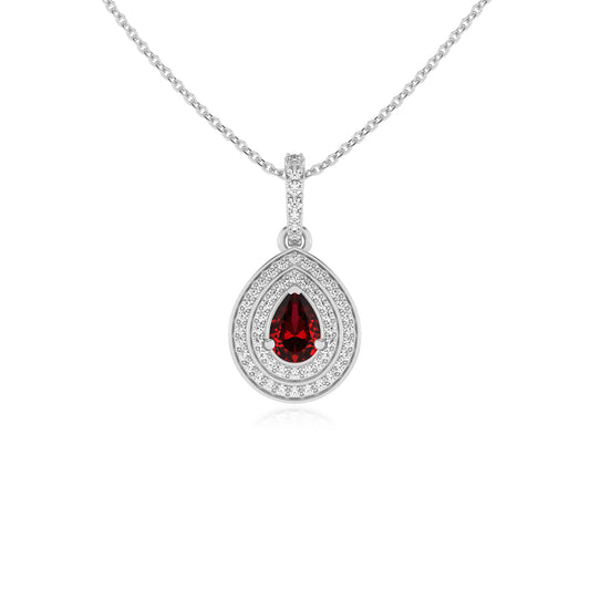 lab grown ruby pear halo necklaces in sterling silver