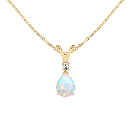 lab grown opal pear solitaire v-bale necklaces in yellow gold