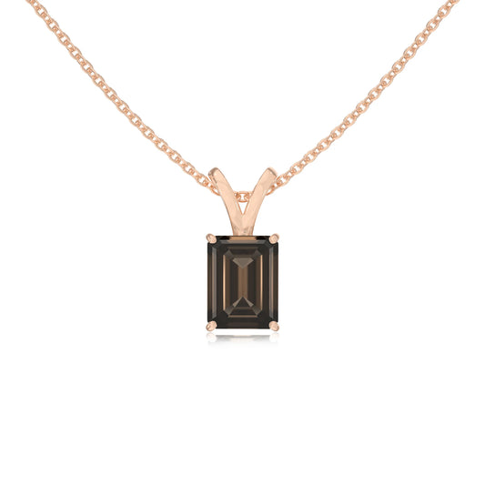 natural smoky-quartz emerald cut solitaire v-bale necklaces in rose gold