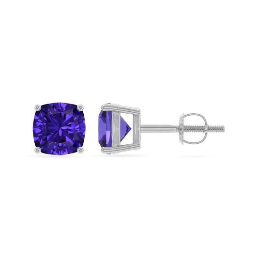 lab grown tanzanite cushion stud earrings in platinum
