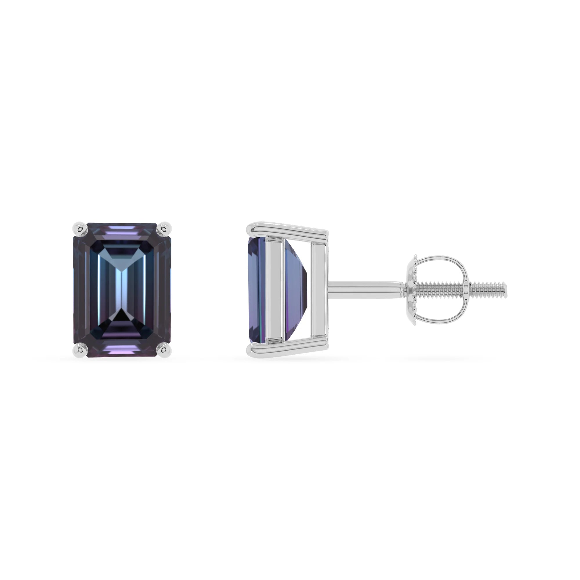 lab grown alexandrite emerald cut stud earrings in sterling silver