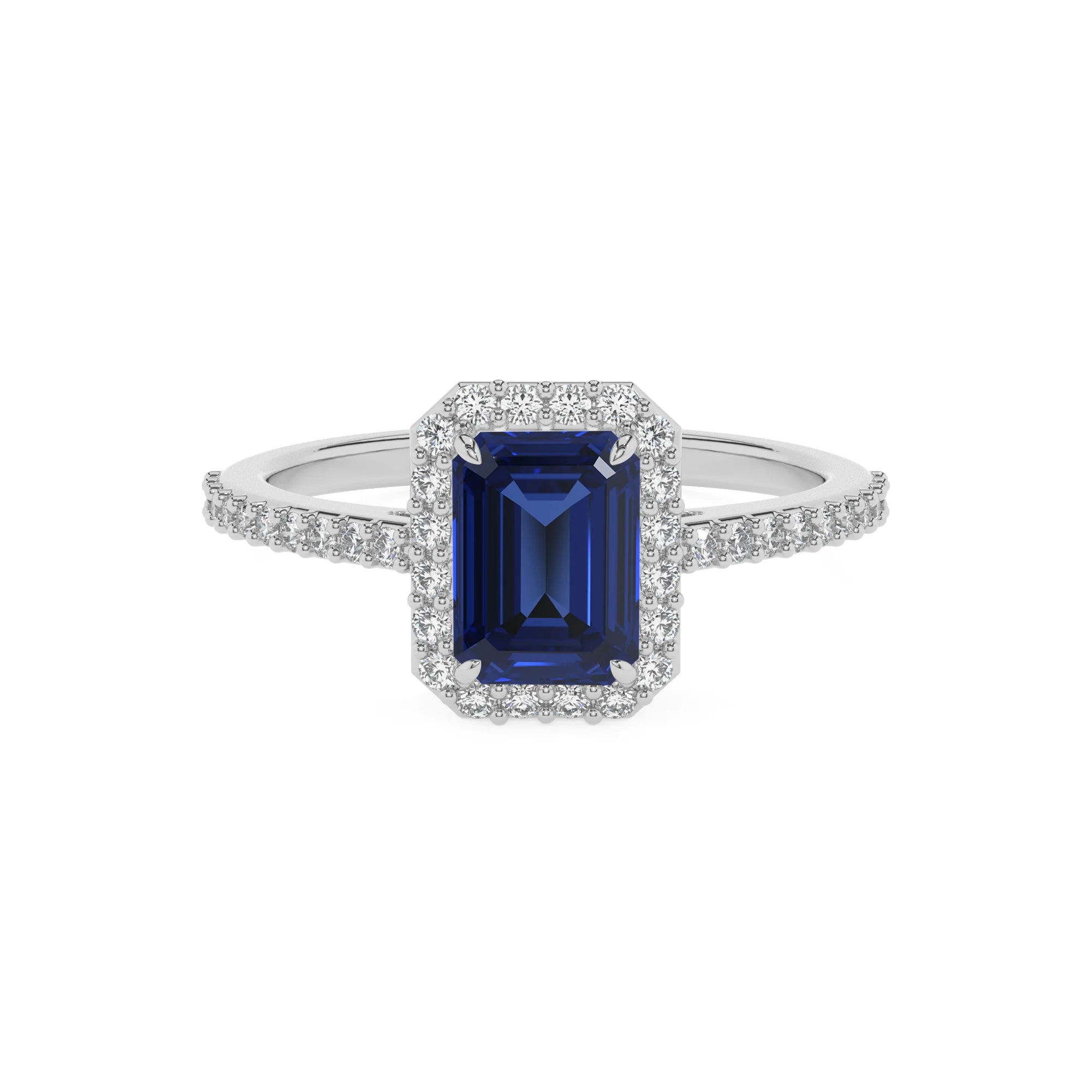 lab grown blue-sapphire emerald cut solitaire rings in white gold