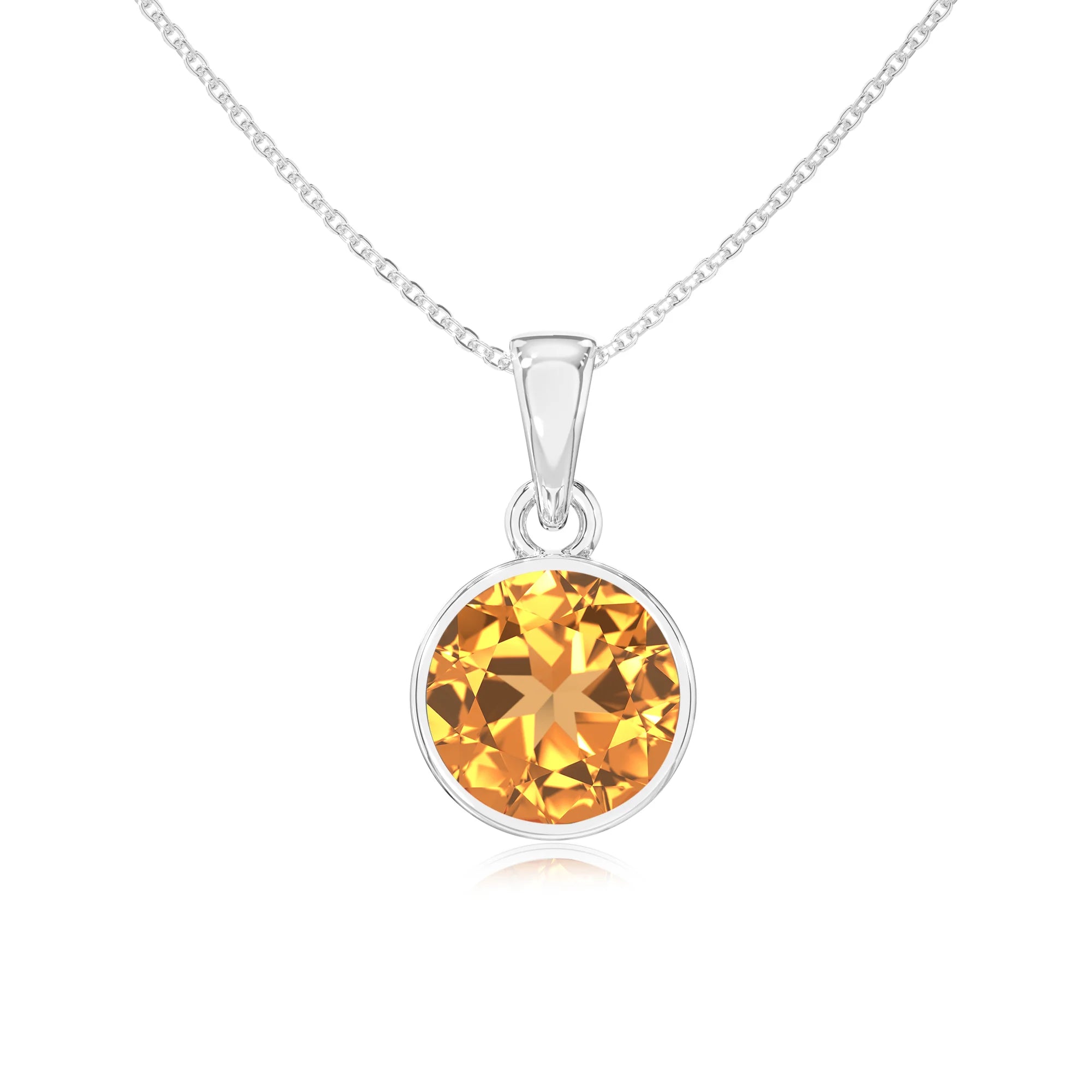 lab grown citrine round solitaire necklaces in white gold