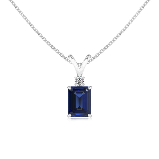 lab grown blue-sapphire emerald cut solitaire v-bale necklaces in white gold