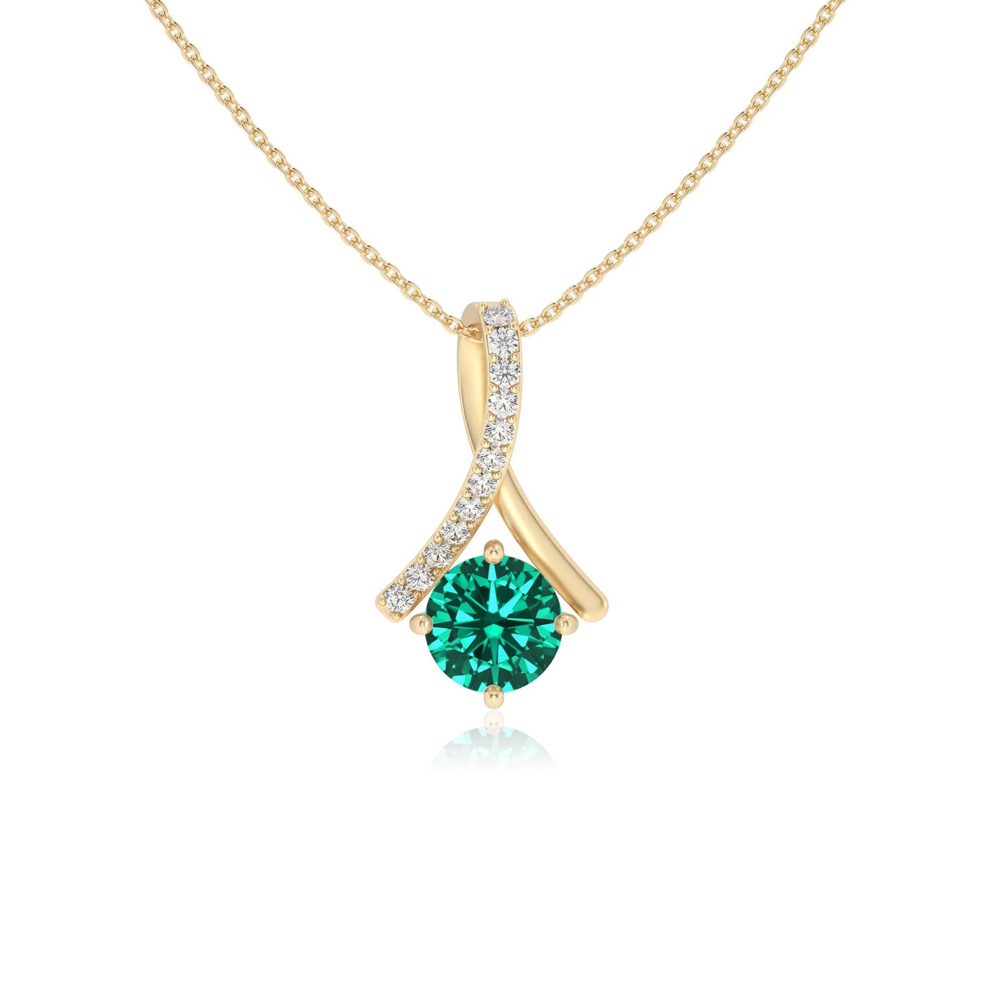 lab grown emerald round solitaire necklaces in yellow gold