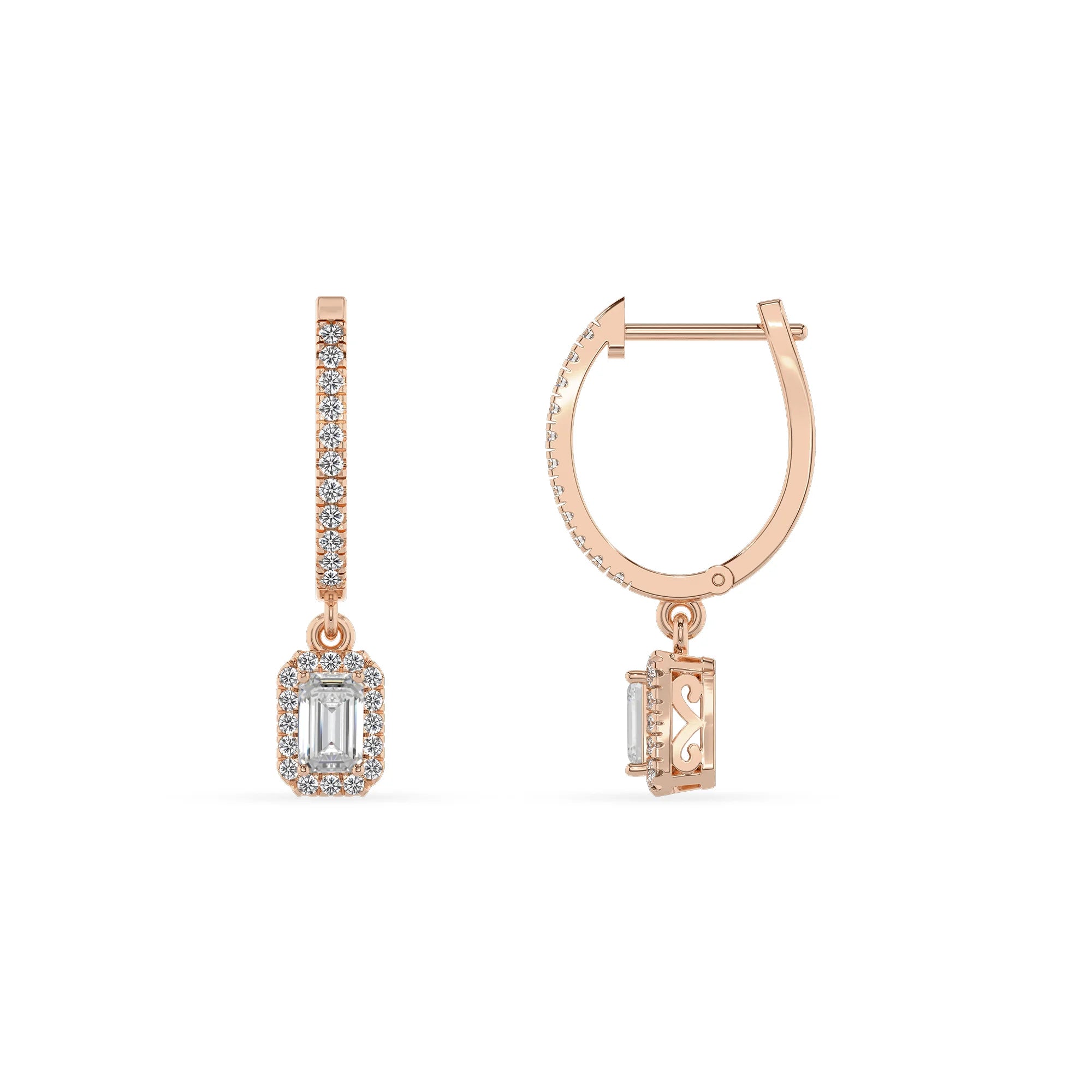 lab grown moissanite emerald cut drop earrings in rose gold