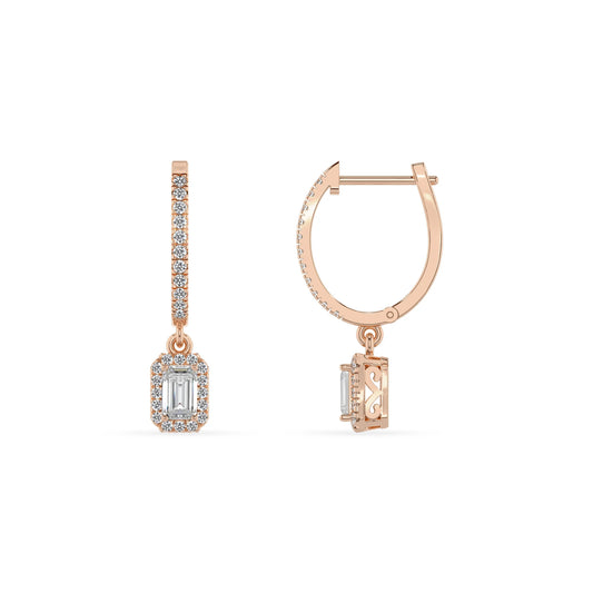 lab grown moissanite emerald cut drop earrings in rose gold