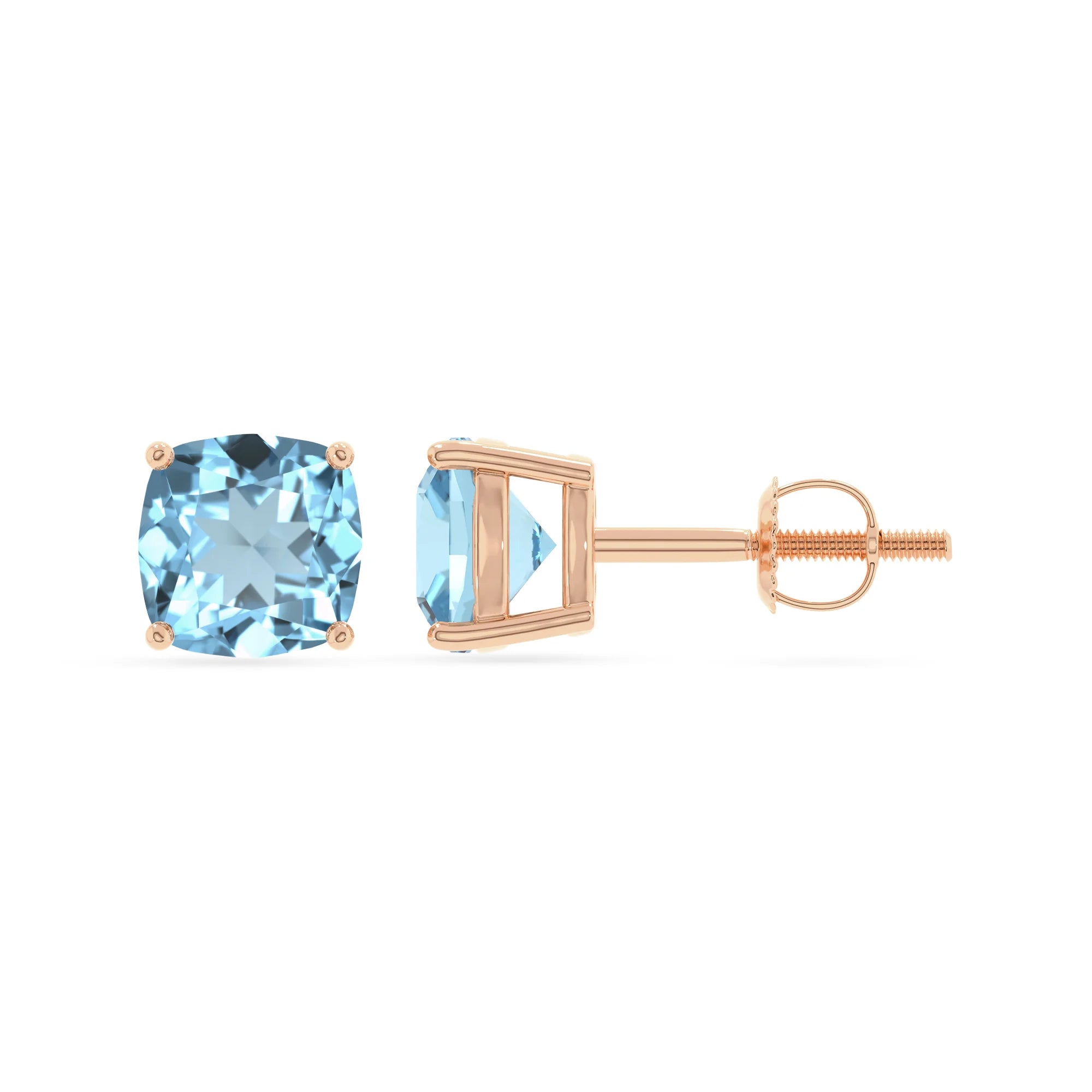 lab grown aquamarine cushion stud earrings in rose gold