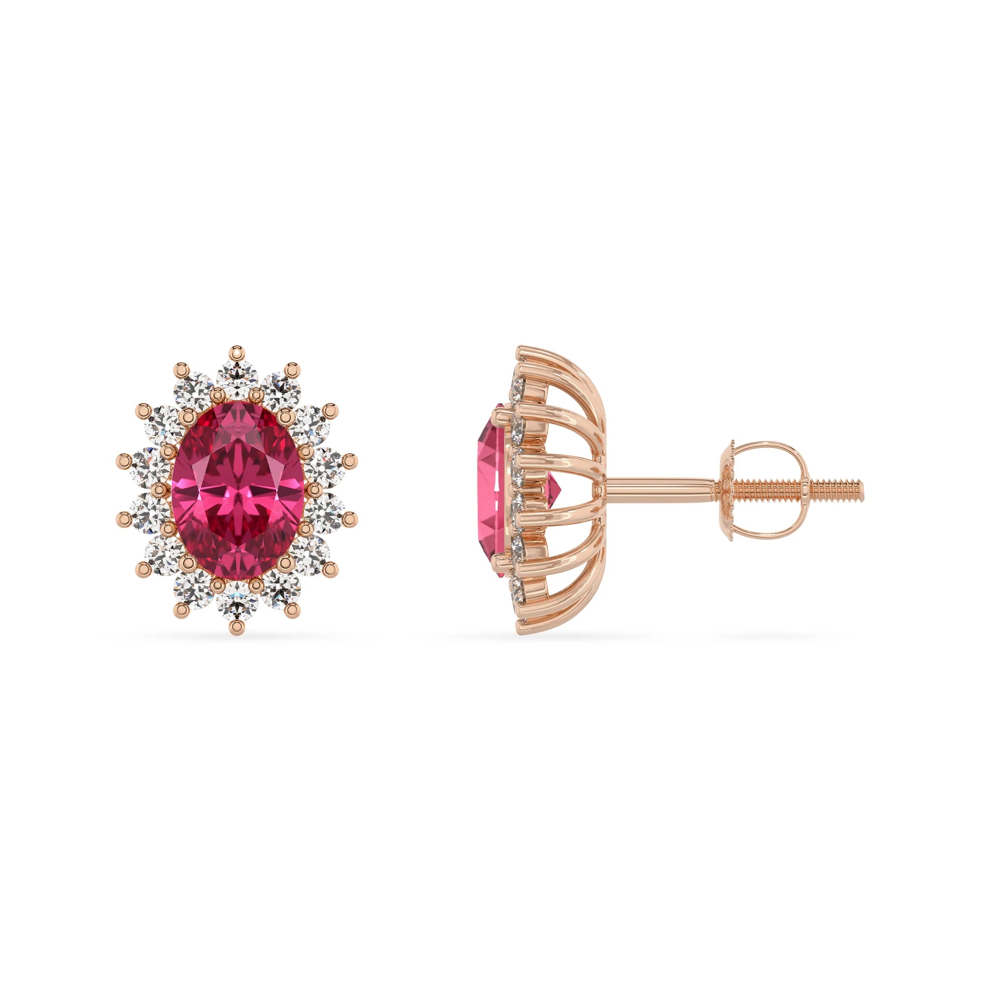 lab grown pink tourmaline oval stud earrings in rose gold