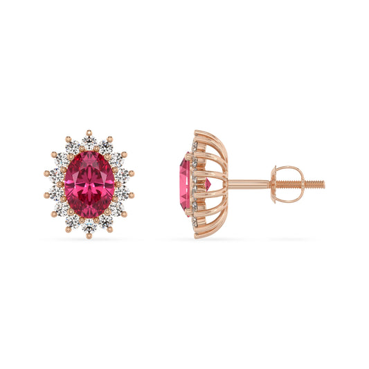 lab grown pink tourmaline oval stud earrings in rose gold
