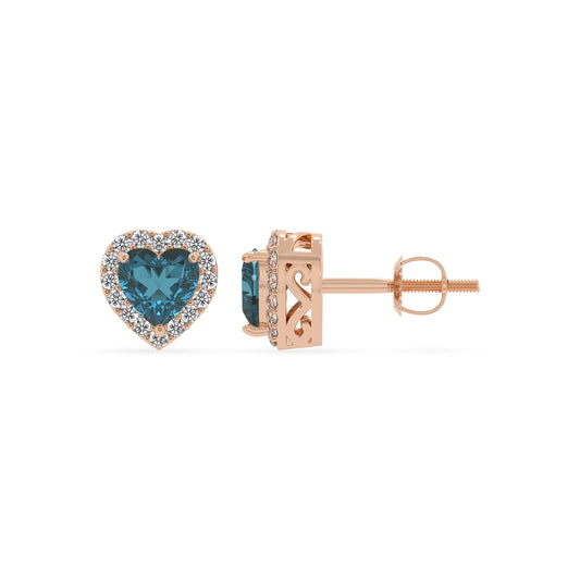natural london blue topaz heart stud earrings in rose gold
