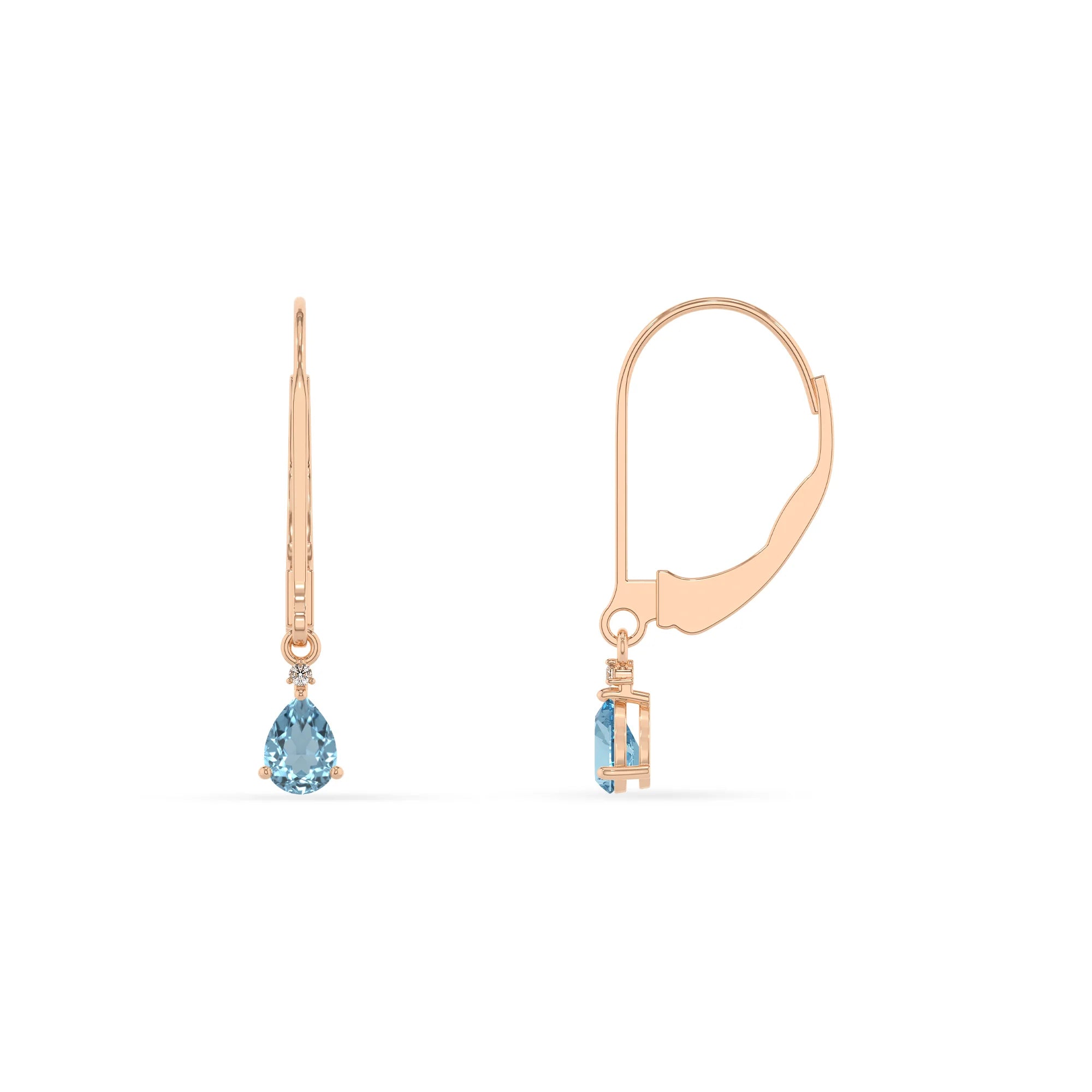lab grown aquamarine pear drop earrings in rose gold