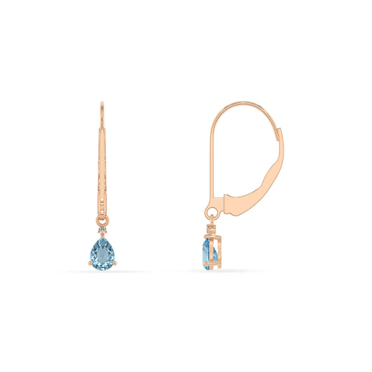 lab grown aquamarine pear drop earrings in rose gold