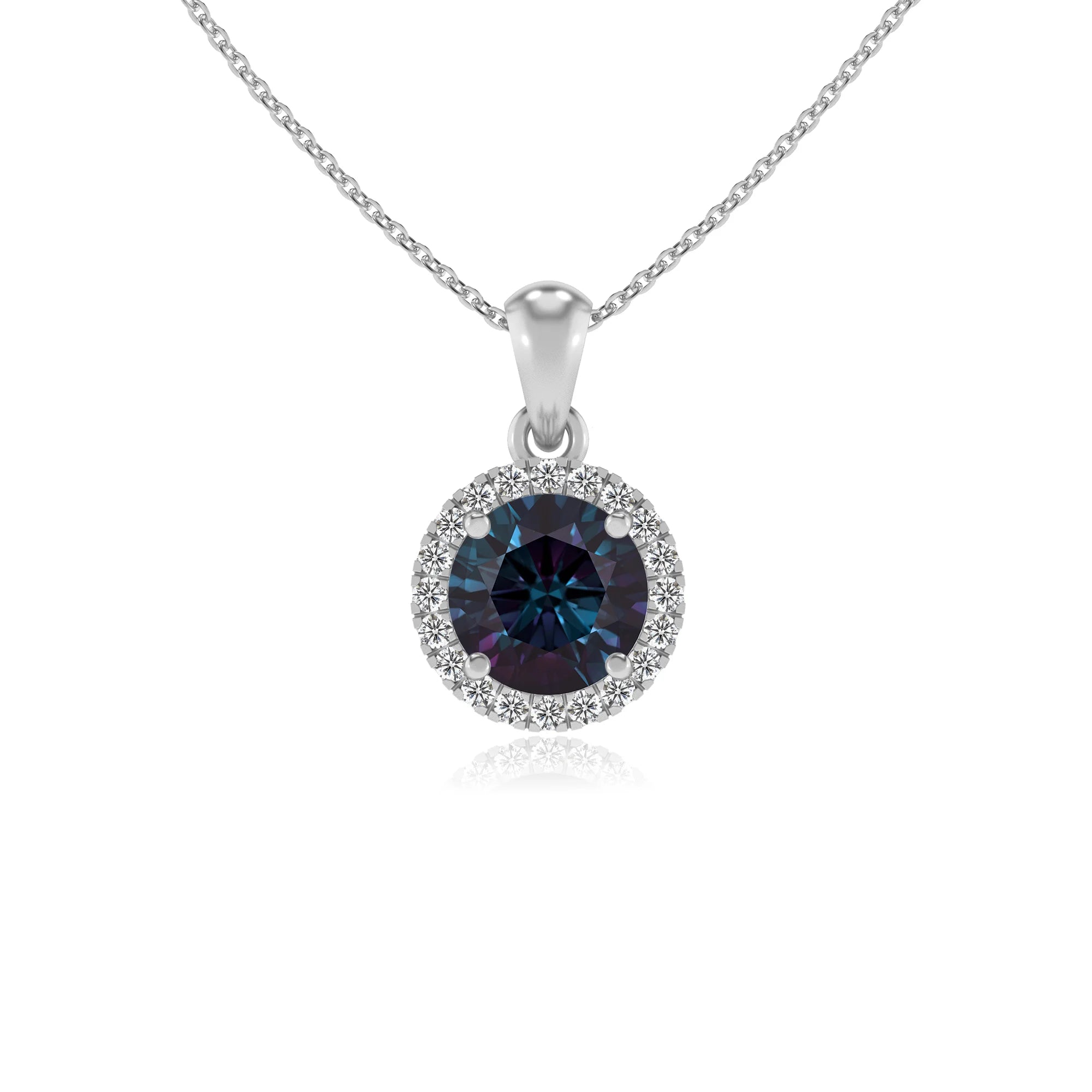 lab grown alexandrite round solitaire necklaces in platinum
