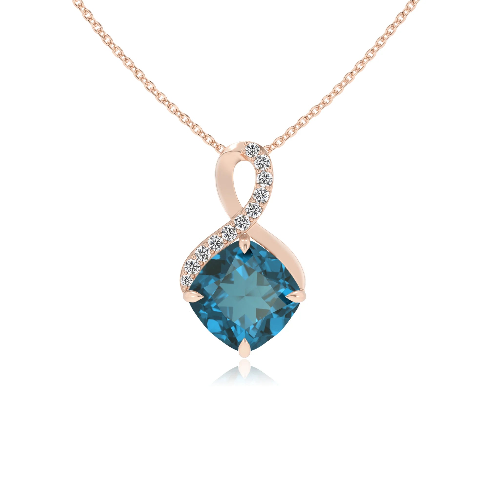 natural london-blue-topaz cushion infinity necklaces in rose gold