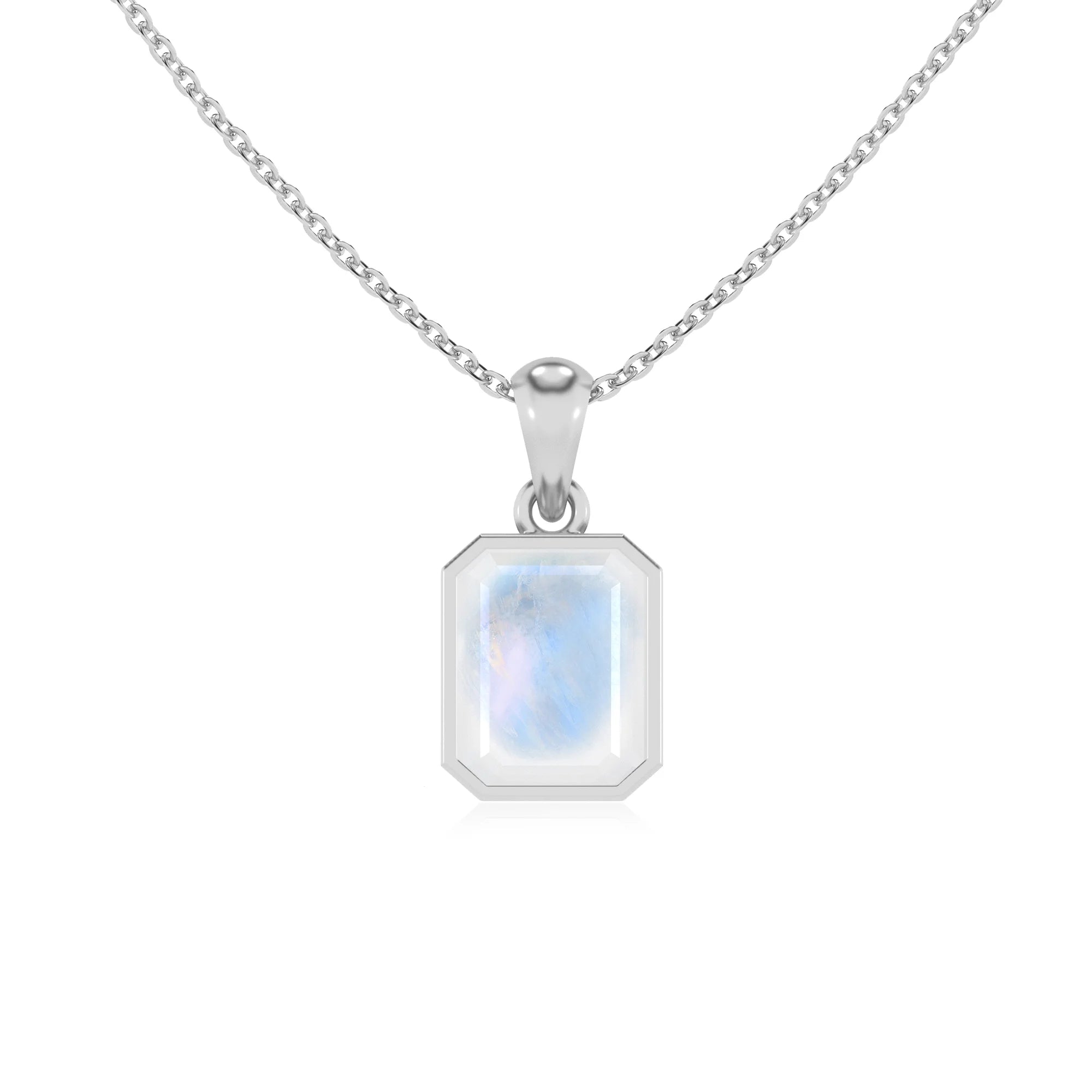 natural rainbow-moonstone emerald cut solitaire necklaces in platinum