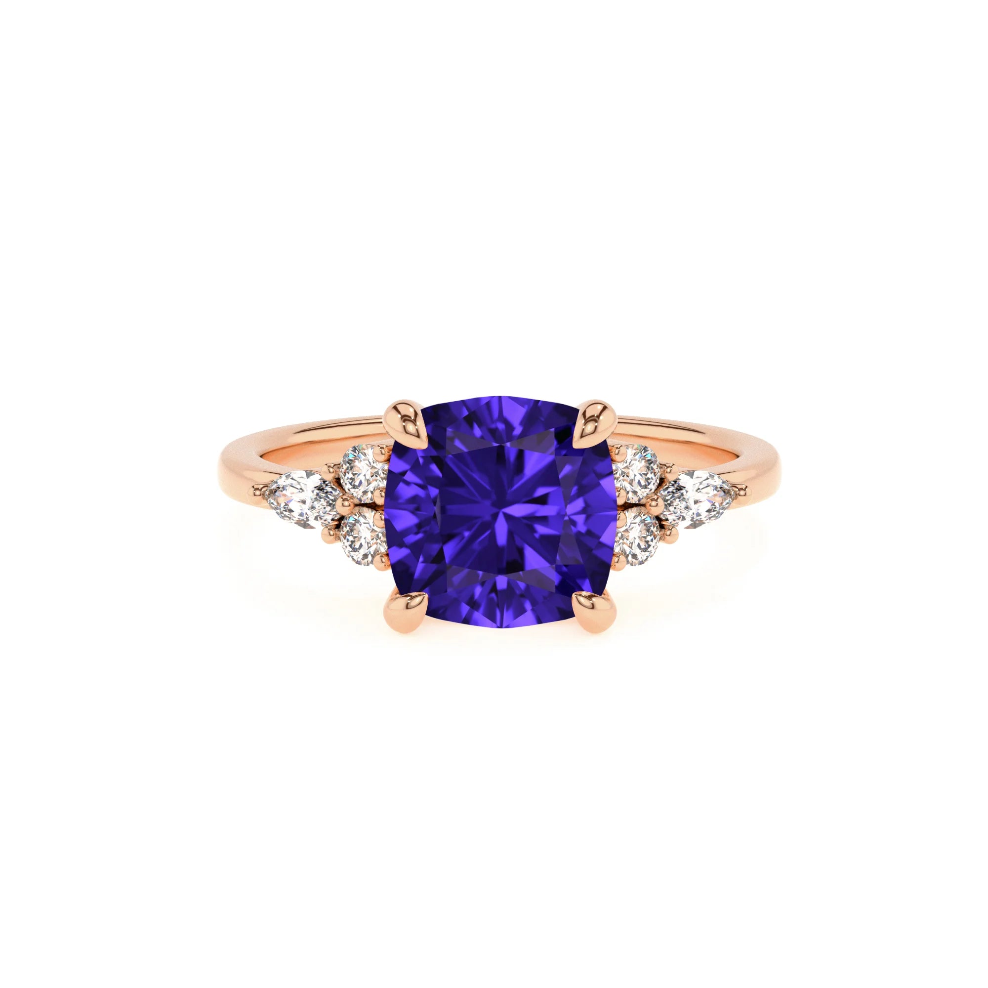lab grown tanzanite cushion solitaire rings in rose gold