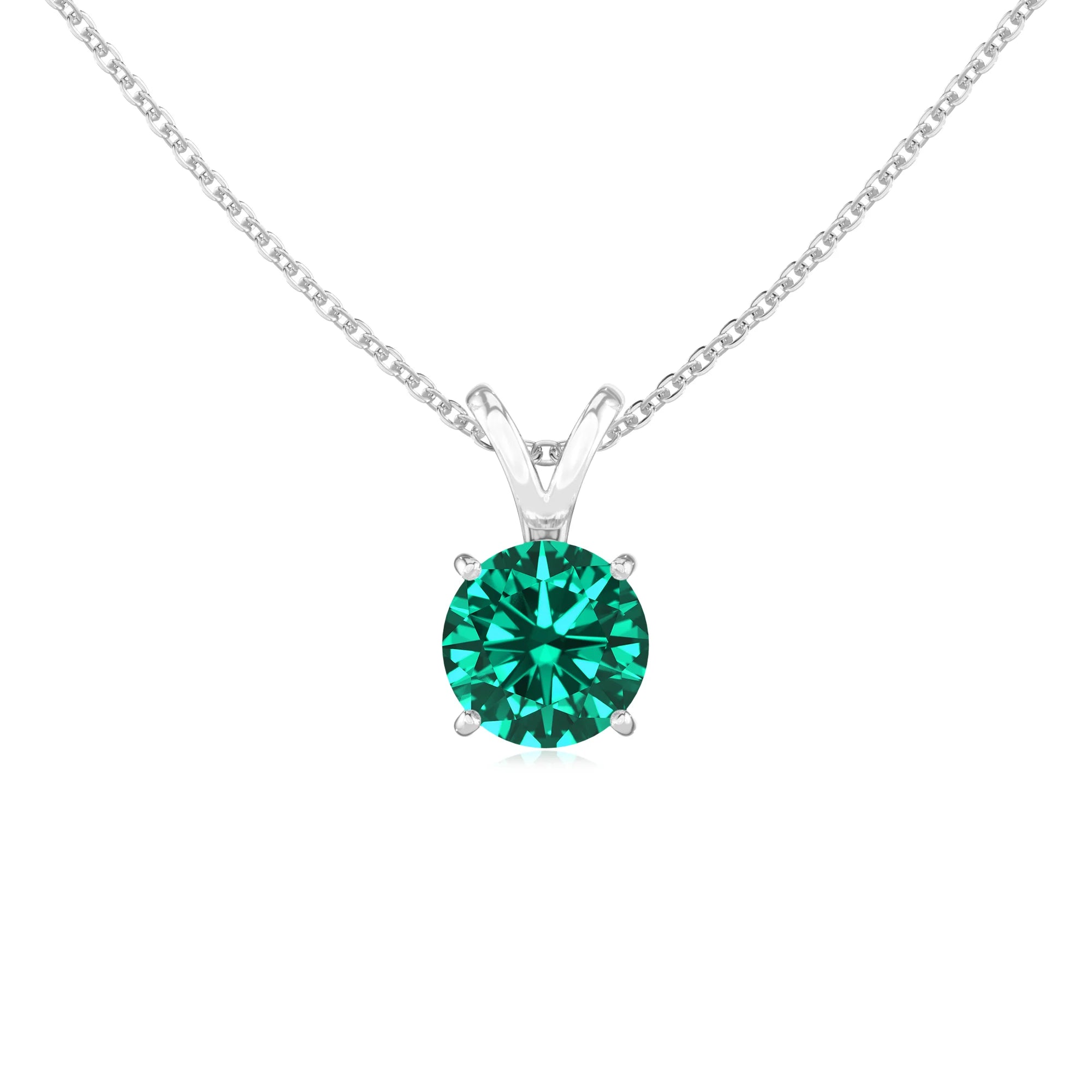 lab grown emerald round solitaire v-bale necklaces in white gold