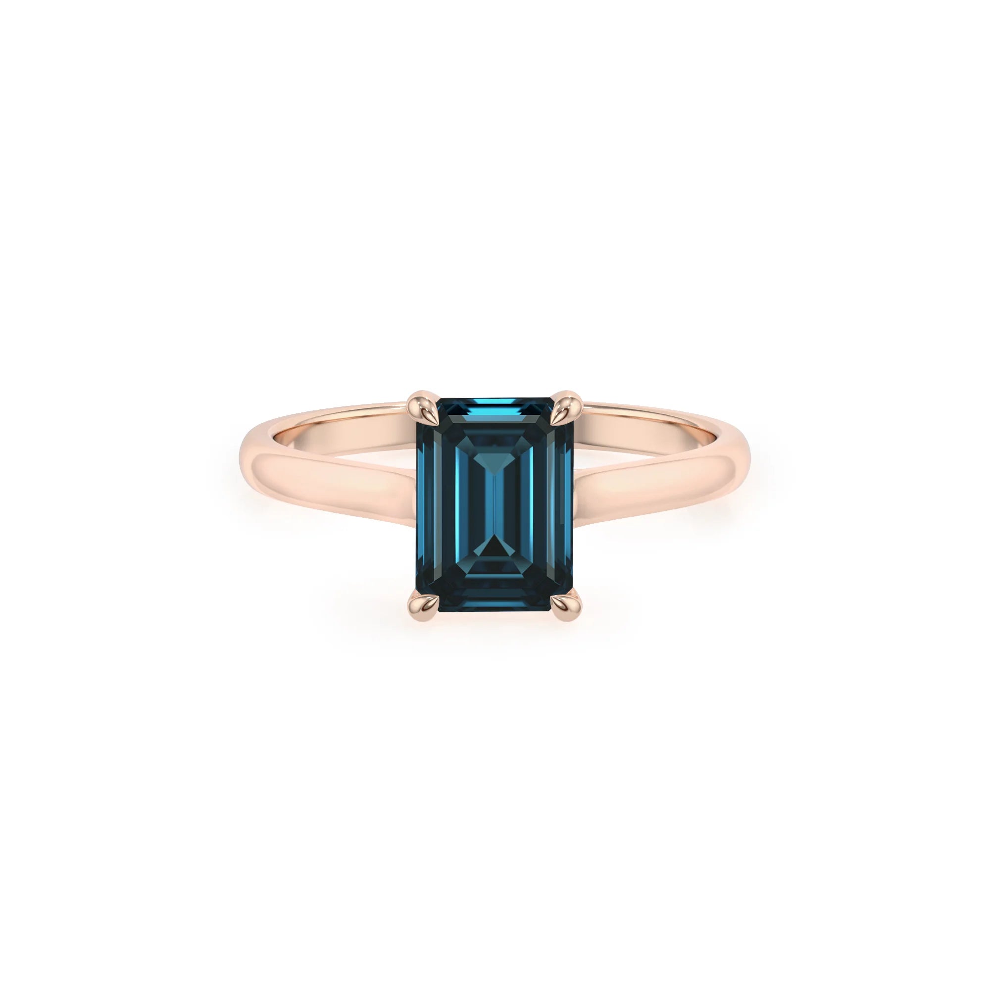 natural london-blue-topaz emerald cut solitaire rings in rose gold