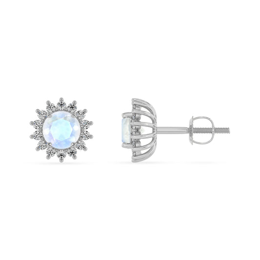 natural rainbow moonstone round stud earrings in sterling silver