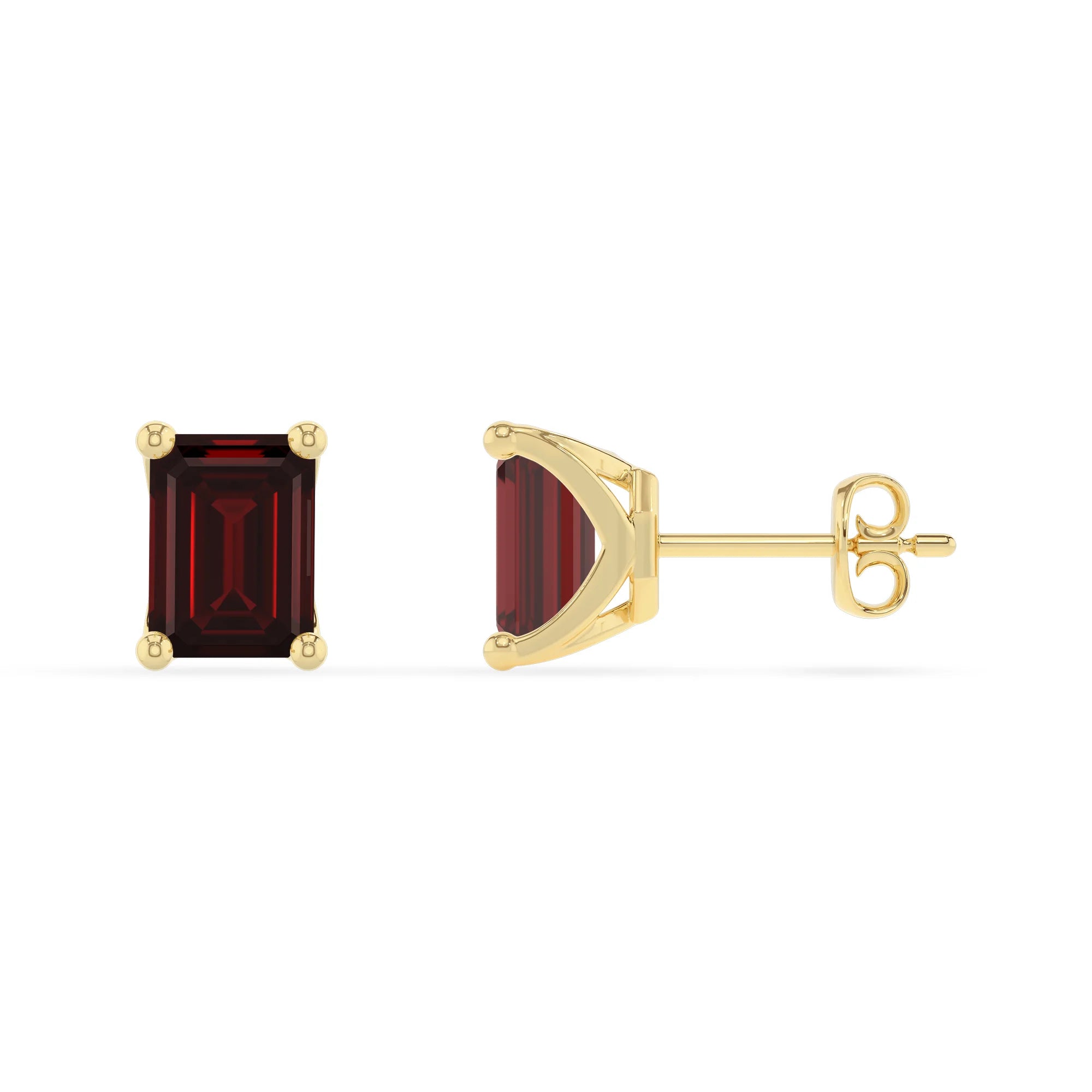 natural garnet emerald cut stud earrings in yellow gold