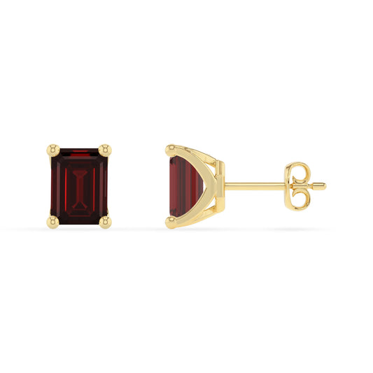 natural garnet emerald cut stud earrings in yellow gold