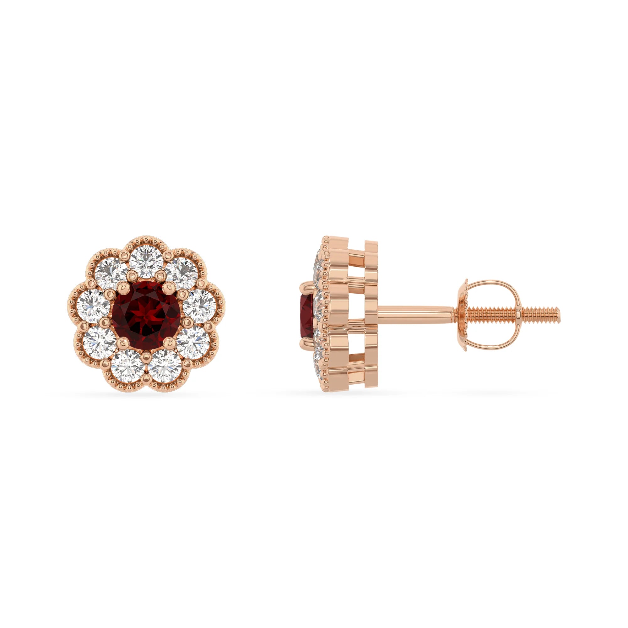natural garnet round stud earrings in rose gold